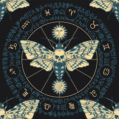 vector seamless pattern with  death's head butterfly on the background of the zodiac circle with sun and moon, ancient runes and magic symbols