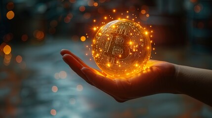 A hand holding a glowing orb filled with digital currency symbols, representing the modern attainment of wealth through technology. Minimal and Simple style