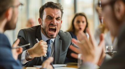 A business meeting gone wrong, with one member visibly angry while others attempt to calm the situation