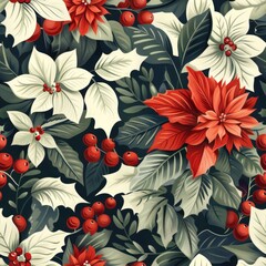 Elegant Christmas Floral Seamless Pattern with Poinsettias and Mistletoe


