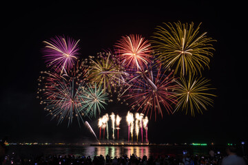 PATTAYA, CHONBURI, THAILAND, Fireworks at Pattaya bay, Pattaya national Fireworks Festival contest, November of every Year, Beautiful of bright light fireworks Show in middle sea, for postcard