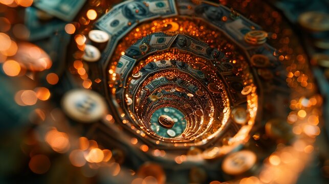 An abstract spiral of floating dollar bills and coins, conveying the idea of wealth accumulation and prosperity. Minimal and Simple style