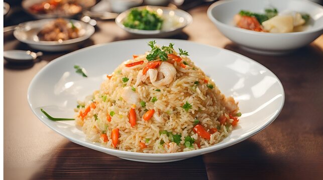 Plate of Crab Fried Rice served with sides, enhancing its taste and adding complementary flavors, a delightful Thai dish experience.