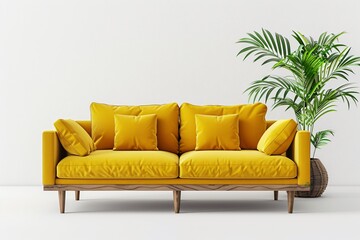 Fototapeta premium Yellow couch, pillows, plant close up