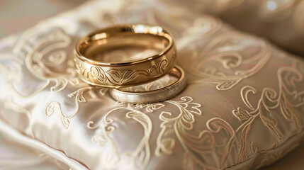 A macro image of the wedding bands placed on a satin pillow, with intricate engravings visible.