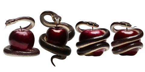 The forbidden fruit a red apple and a snake isolated on transparent background