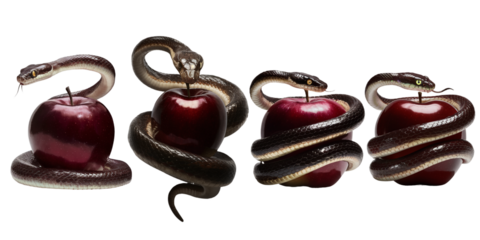 The forbidden fruit a red apple and a snake isolated on transparent background