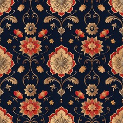 Rich Silk Brocade Pattern with Floral and Geometric Motifs

