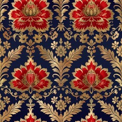 Rich Silk Brocade Pattern with Floral and Geometric Motifs

