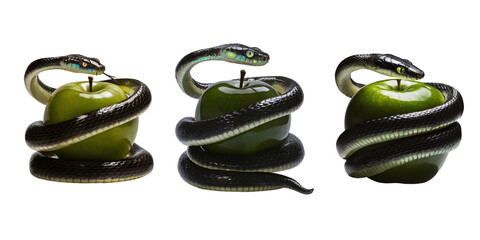 The forbidden fruit a green apple and a snake isolated on transparent background