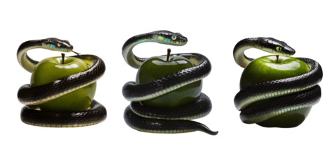 The forbidden fruit a green apple and a snake isolated on transparent background