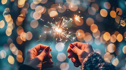 Photo of Two hands holding sparklers against blurred lights background, closeup view. New Year concept.