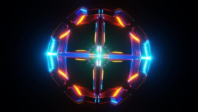 Pulsing neon strobe lights animate the backdrop.