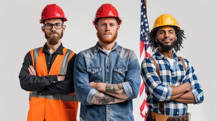 American flag with three diverse workers. Labor day concept.