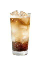 A glass of iced tea with ice cubes in it. The glass is half full and the ice cubes are floating in the drink, isolated transparent background