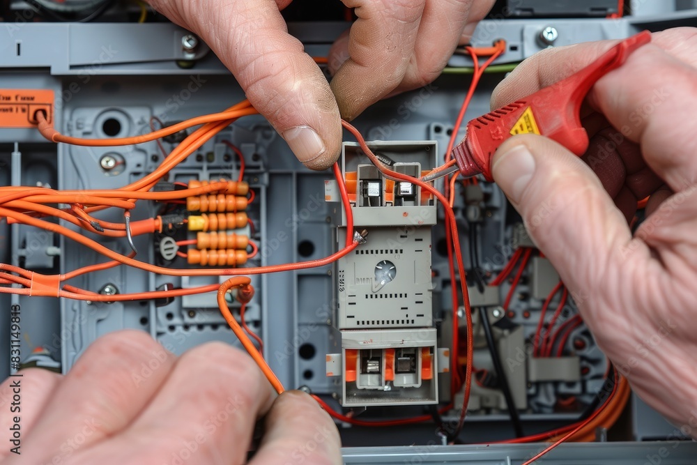 Aufkleber close up detail of an electrician hands working with wires and fuse switch box.