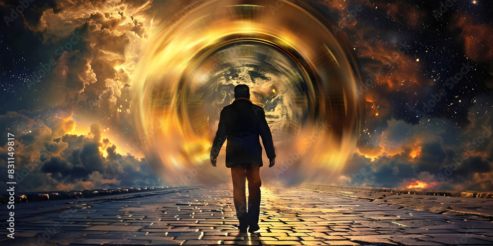 Wall mural time traveller about to move through the time portal - dark silhouette of a man walking along a bloc