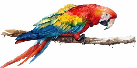 Obraz premium Scarlet macaw perched on a tree branch set against an artistic, colorful tropical background