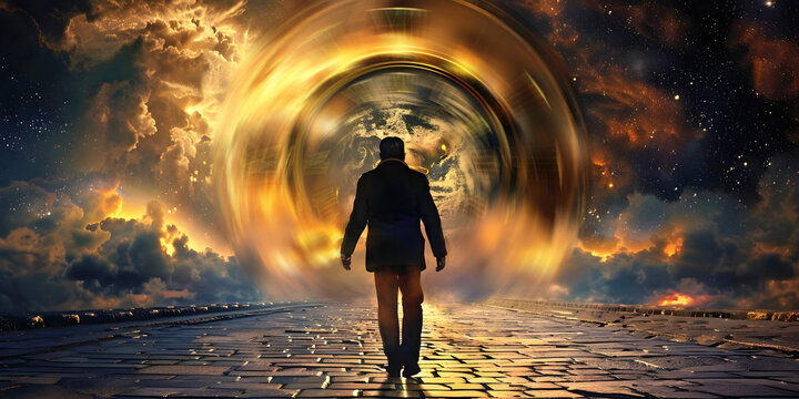 Time traveller about to move through the time portal - dark silhouette of a man walking along a block paved path towards a rotating stargate portal with gold light and dark sky
