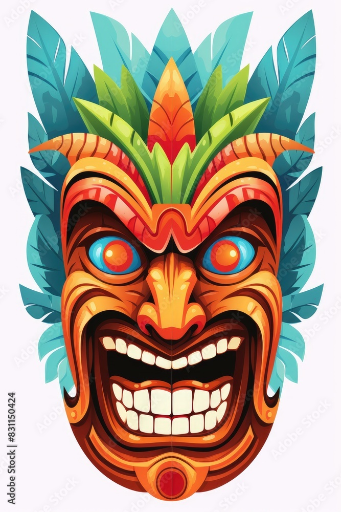 Wall mural Illustration of a tropical Tiki mask. Symbol of a wild tribe in the jungle on white background.