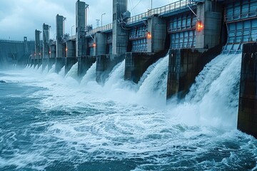 A hydroelectric dam is seen releasing a torrent of water, demonstrating sustainable energy generation and water management