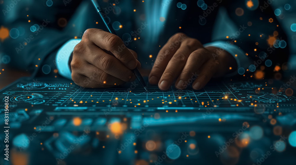 Poster a man is writing on a computer screen with a pen