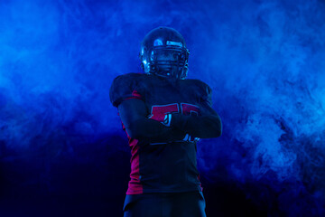 American football player banner on red neon background. Template for bookmaker ads with copy space. Mockup for betting advertisement. Sports betting, football betting, gambling, bookmaker, big win