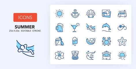 Line icons about beach activities and summer. Contains such icons as beach, surf, tropical island and more. 256x256 Pixel Perfect editable in two colors