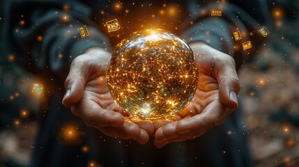 A pair of hands cupping a glowing golden sphere, with subtle currency symbols floating around, representing the grasp of wealth. Minimal and Simple style