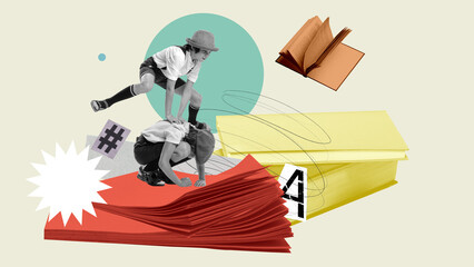 Two playful children having fun after school with abstract background with books and notes. Contemporary art collage. Concept of childhood, education. Creative design in pastel colors