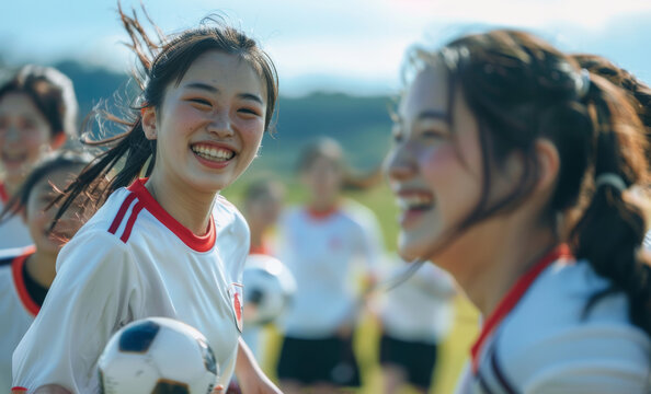 A team of cheerful Japanese female soccer players eagerly engage in a playful game, each aiming to strike the ball with precision and skill.
