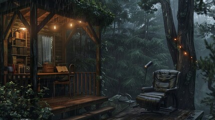 A wooden house stands in the peace of the forest and the majesty of the mountains