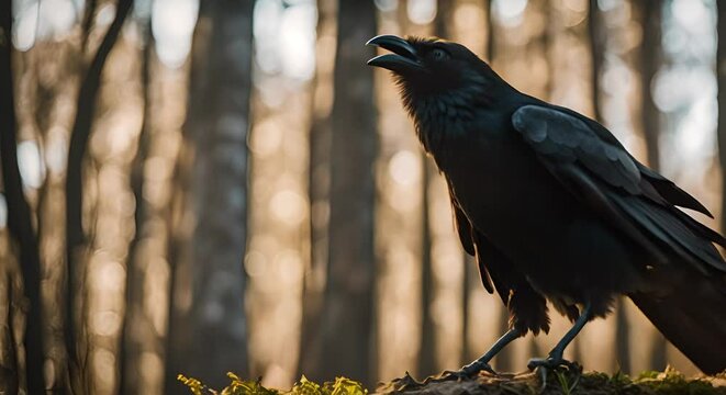 Black crow in the forest.