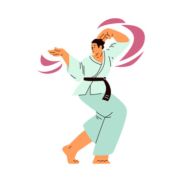 recommend clip art: Karate man fighter in kimono and black belt with movement lines vector, Asian martial art training, Japanese wrestler