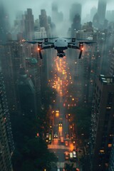 Futuristic Black Drone and UpsideDown Cityscape Reflected in Still Pool