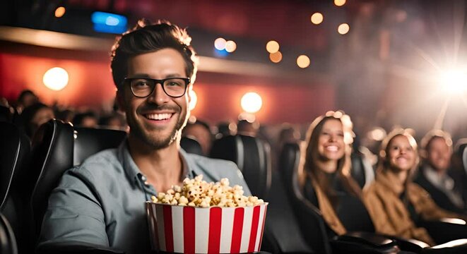 Man with popcorn at the cinema.