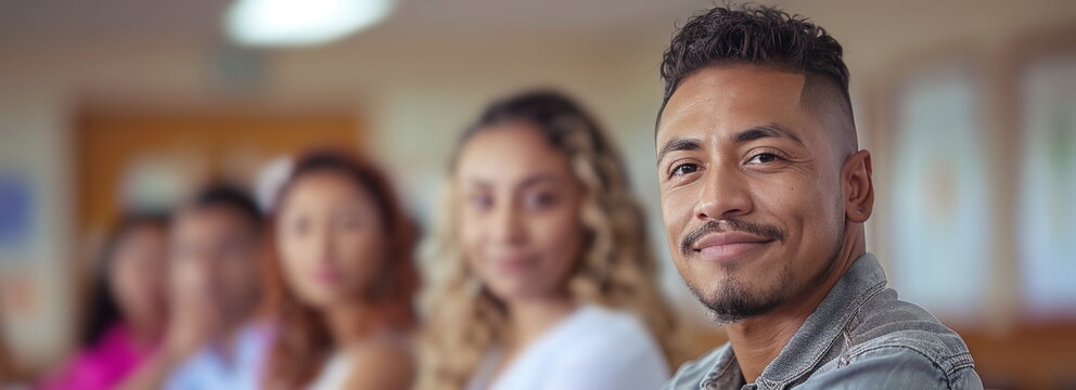 Happy Latin American man employee with colleagues at office meeting. Smiling Hispanic guy works in commercial company department. Job for refugee.