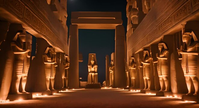 Egyptian temple with statues at night.