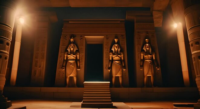 Egyptian temple with statues at night.