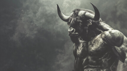 Muscular minotaur with large horns standing against dark, smoky background. Mythological creature showing strength and power