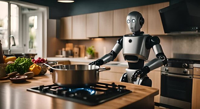 Modern robot making food in the kitchen.