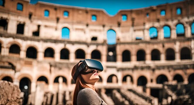 Tourist with VR glasses in the Coliseum.