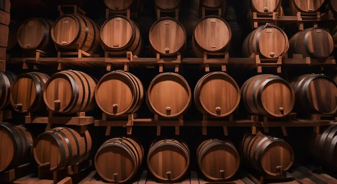 Barrels in a wine cellar.