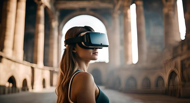 Tourist with VR glasses in the Coliseum.