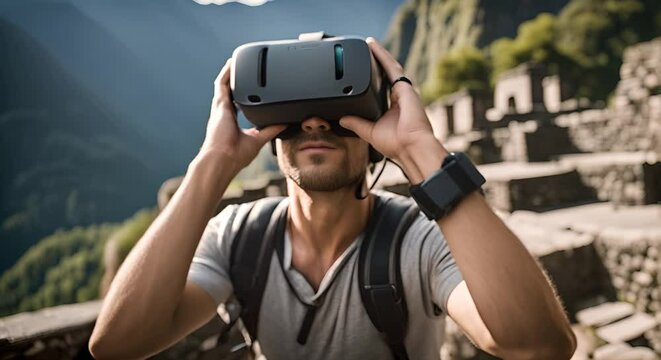 Man with VR glasses in Machu Picchu.