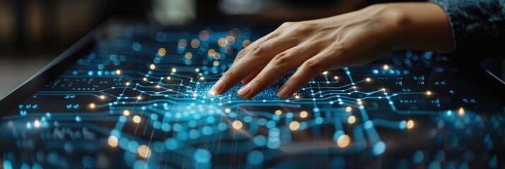 Hand interacting with a digital interface, glowing with blue light.