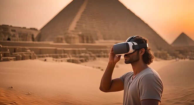 Man with VR glasses at the pyramids of Egypt.
