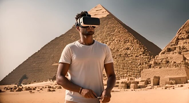 Man with VR glasses at the pyramids of Egypt.
