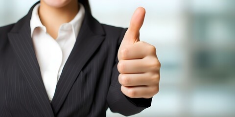 Woman giving thumbs up as a sign of approval for a product or service. Concept Product approval, Positive feedback, Thumbs up gesture, Customer satisfaction, Service endorsement