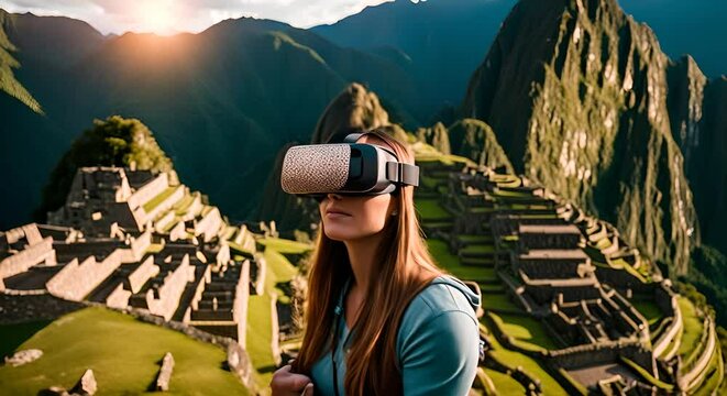 Woman with VR glasses in Machu Picchu.